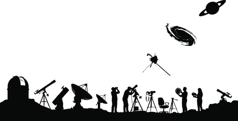 Astronomy Observatory Skyline Silhouette – Space Exploration, Stargazing and Telescope Vector Banner © Milon