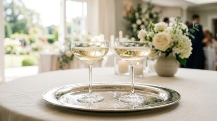 Fototapeta premium Two glasses of champagne on a silver tray at a celebratory event