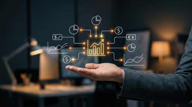Businessman holding glowing financial data icons to visualize market trends and revenue growth, digital modern technology