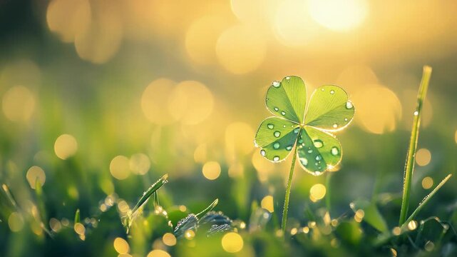 Fresh green clover leaves covered with morning dew in bright grass under warm sunlight creating lucky spring nature macro scene with sparkling bokeh botanical freshness peaceful outdoor meadow mood