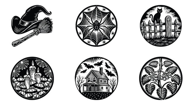 Spooky Halloween linocut vector design bundle featuring a witch hat with broom, giant spiderweb, black cat on fence, haunted house with bats, gothic candles, and autumn berry plant.