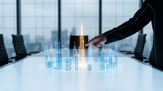 Hand hovering over glowing blue digital table