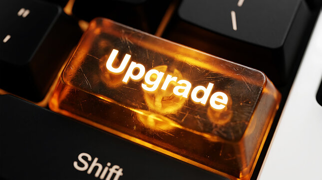 Glowing amber "upgrade" key on keyboard