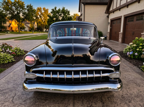 1950's black sedan parked in front of a suburban home