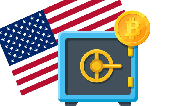 The combination lock on a safe filled with Bitcoin and an American flag