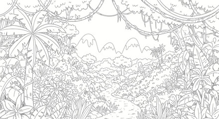 Obraz premium Black and white line art illustration of a tropical jungle forest for coloring book page.