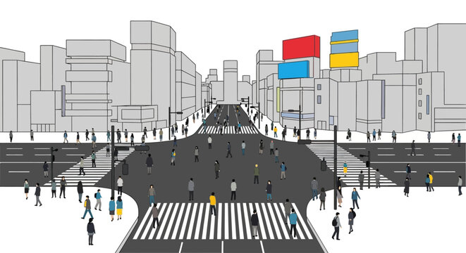 Crowded city street with pedestrians crossing at a busy intersection.