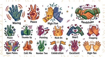 Naklejka premium Colorful hand gestures icons set for communication and positivity