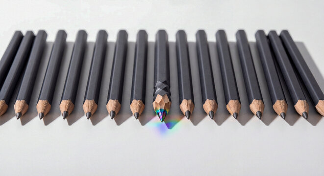 Unique Faceted Pencil in a Row of Standard Gray Pencils