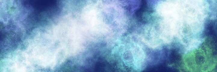 Dramatic white and deep blue smoky panoramic banner. Wide panoramic background featuring a striking contrast of billowing bright white smoke against a deep dark blue and violet background © Taya