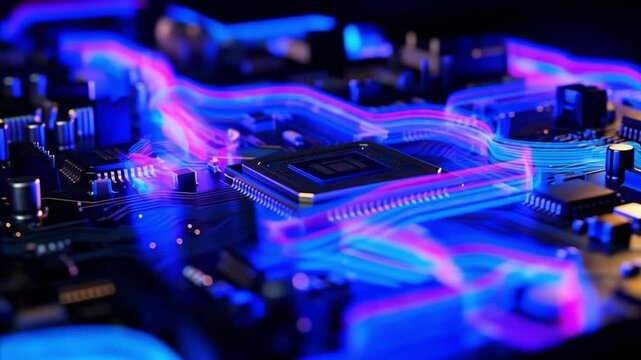 A high-tech, futuristic conceptual illustration of a central processing unit (CPU) glowing intensely on a complex motherboard circuit board. Golden and neon blue light trails spread outward like veins