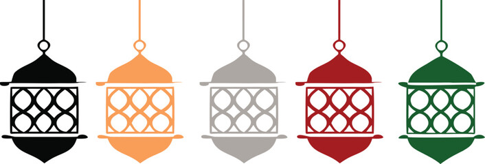  Ramadan Lantern Collection with Hanging Islamic Ornaments. Decorative  Mubarak Lantern Set in Multiple . Elegant Vector Elements for Holiday Designs and Greetings. © Khadiza