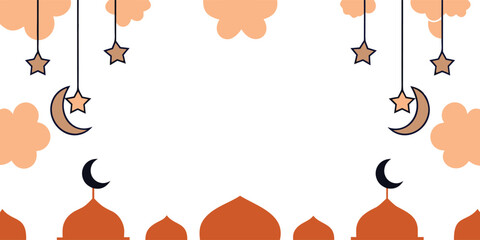Ramadan Kareem Islamic Background with Hanging Moon and Stars. Mosque Silhouette Border and Floral Clouds Create a Festive Frame. Elegant  Mubarak Banner Template. © Khadiza