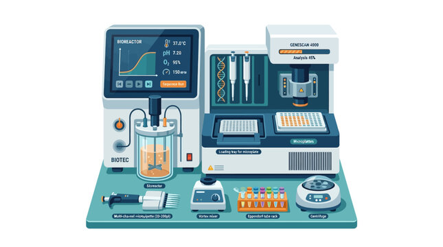 Modern Biotechnology Lab Equipment: Bioreactor, PCR machine, Pipettes