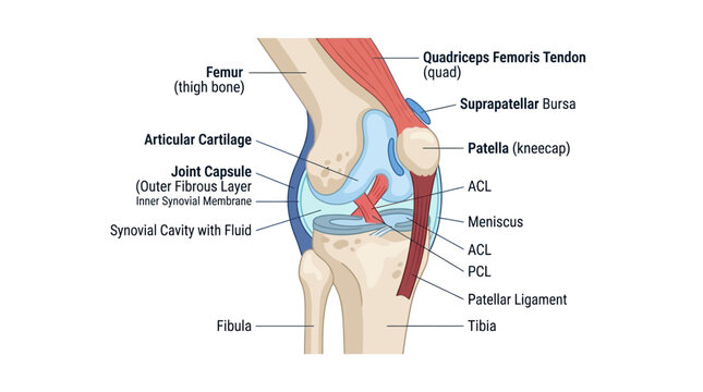 Knee Joint Anatomy Diagram: Bone, Ligament, Tendon, Cartilage, Synovial Fluid