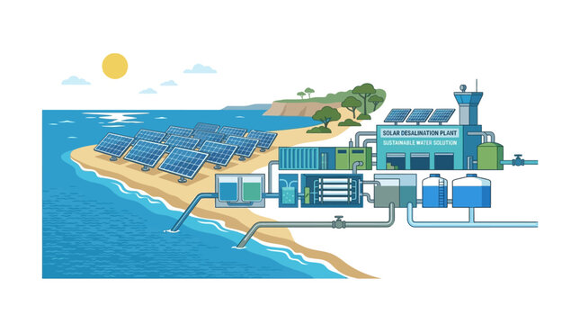 Solar Desalination Plant on a Beach: Renewable Energy for Freshwater Production