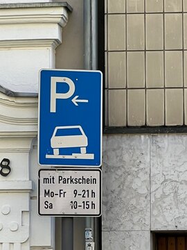 German road sign for paid parking with additional sign mit Parkschein in Germany