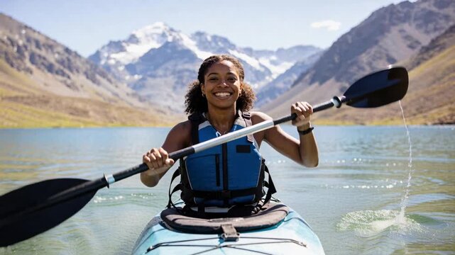 Young Black woman kayaking on a mountain lake. Smiling woman paddling a blue kayak with snow-capped peaks in the background. Outdoor adventure and active lifestyle concept