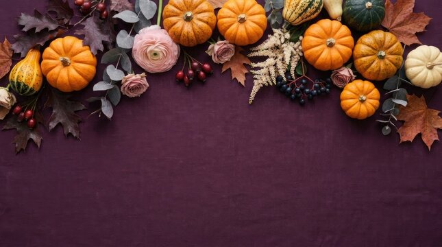 Halloween pumpkins and fall leaves on purple background for spooky decorations