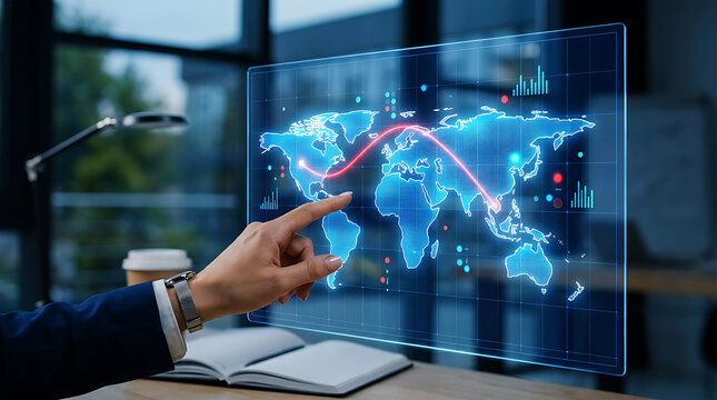 Hand pointing at interactive global network map