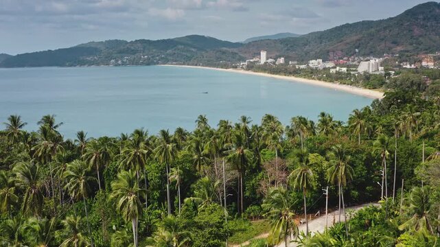 Lush palm trees line a winding road leading towards the expansive Karon Beach in Phuket. Thailand. Featuring turquoise ocean waters and distant hillside resorts. Symbolizing travel and tropical escape