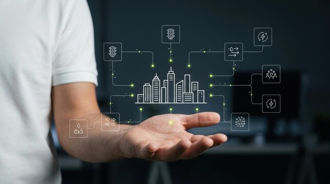 Professional holding hand with holographic smart city interface showing urban connectivity, sustainable modern technology business concept