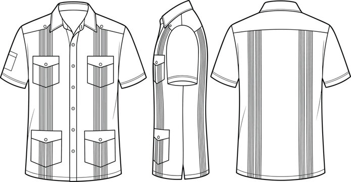Technical fashion flat sketch vector of men guayabera shirt showing front side back views