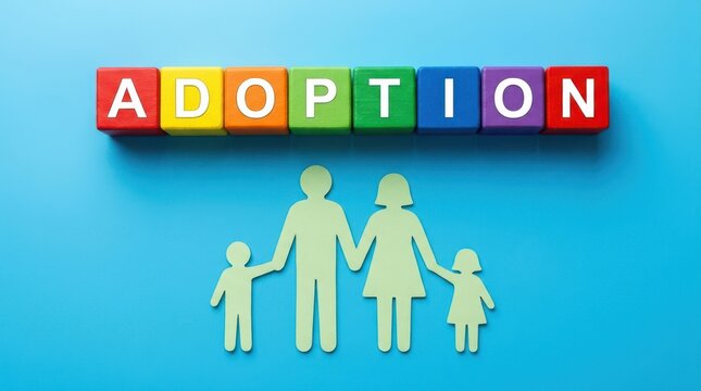 Adoption concept represented by colorful wooden alphabet building blocks on blue background with paper family cutout.