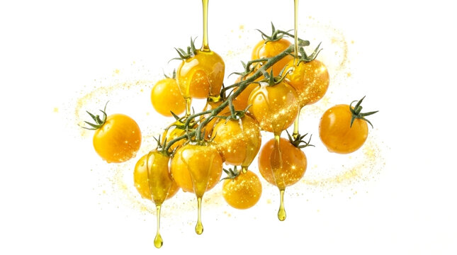 Fresh yellow cherry tomatoes on a vine drizzled with golden olive oil isolated on white background