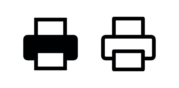 Printer device icon set in solid and outline style, useful for office and document management.