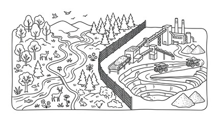 Fototapeta premium Nature vs Industry: Pristine Forest Landscape Divided from Industrial Mining Operation