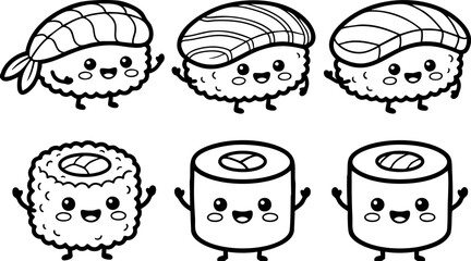 Fototapeta premium Cute kawaii sushi characters set featuring friendly nigiri and maki rolls in a clean vector illustration