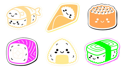 Fototapeta premium Vibrant vector illustration set featuring cute cartoon sushi rolls with smiling faces in bright flat colors