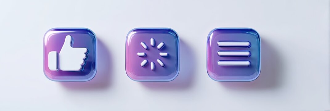 Three modern glass-like UI icons - thumbs up, loading spinner, and hamburger menu.