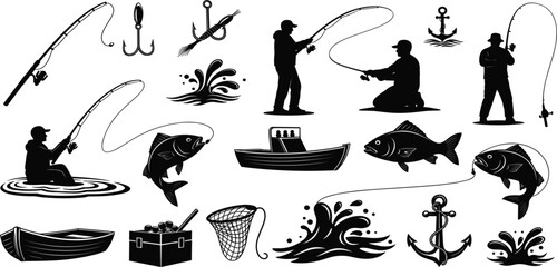 Obraz premium Fishing and Angling Silhouette Icon Set with Fishermen Rods Boats Hooks Fish Catch and Outdoor Recreation Symbols