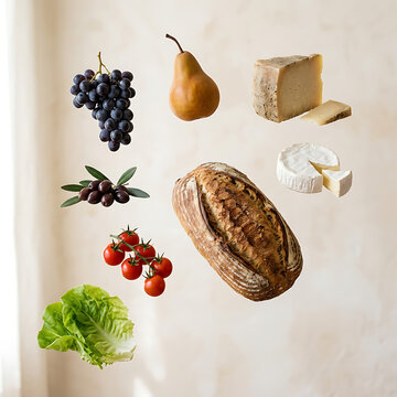minimal elegant levitation of grapes, hard cheese wedge, camembert wheel, olives, pear, rustic bread loaf, cherry tomatoes on vine, lettuce leaves, clean spacing between objects