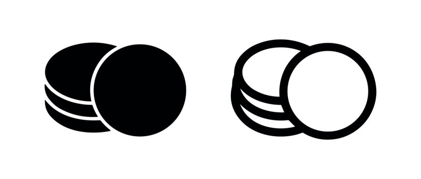 Overlapping circular shapes icon, abstract discs or coin stack symbol in solid and outline styles