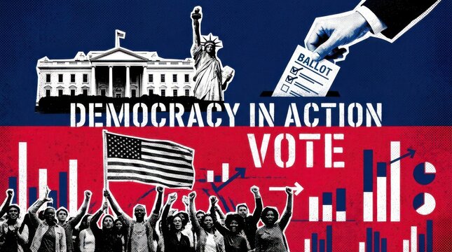 Democracy in action concept with white house, statue of liberty, voting ballot and people on red and blue background.