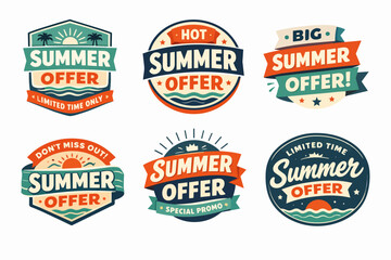 Obraz premium Summer offer badges and labels collection featuring seasonal sales, discount promotions, and limited-time deals in a vintage style