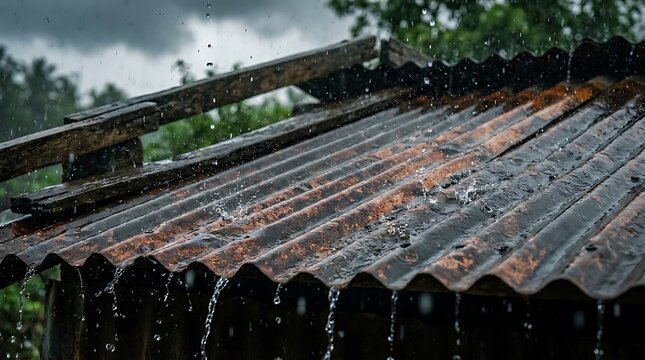 Extreme macro details of heavy rain actively splashing dynamically on a rustic, weathered tin roof surface, creating chaotic ascending bubbles and texture, authentic rural South Asian atmosphere.