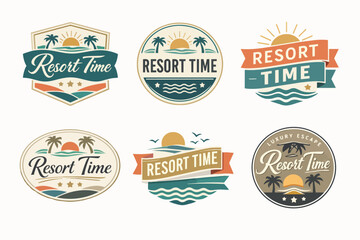 Obraz premium Resort time vintage badge designs depicting tropical vacations, summer travel, and beach holidays with palm trees and ocean views