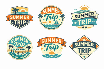 Naklejka premium Collection of summer trip travel badges with beach, palm trees, sun, sailboat, and vintage camper van elements