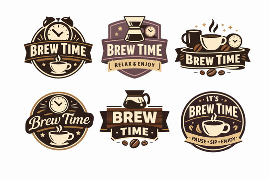 Collection of vintage coffee brew time logos and emblems offering pause, sip, and enjoying moments