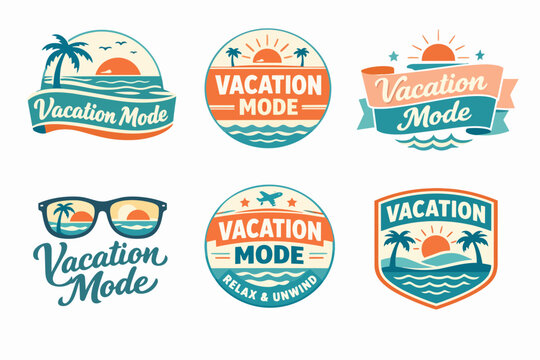 Vacation mode retro badges with sunset, palm trees, ocean waves, and typography for summer travel and leisure concepts