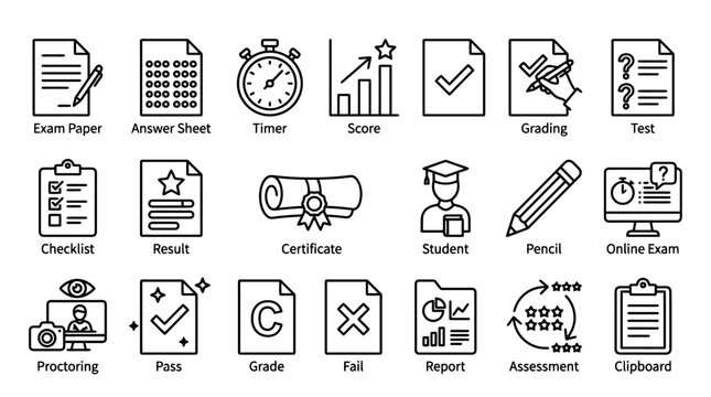 Set of 18 minimalist thin line icons for education and e-learning including exam paper certificate student online test proctoring passing grade and assessment.