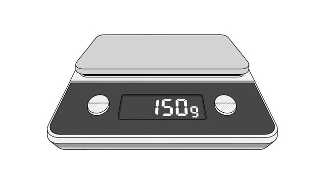 Digital kitchen scale shows 150 grams