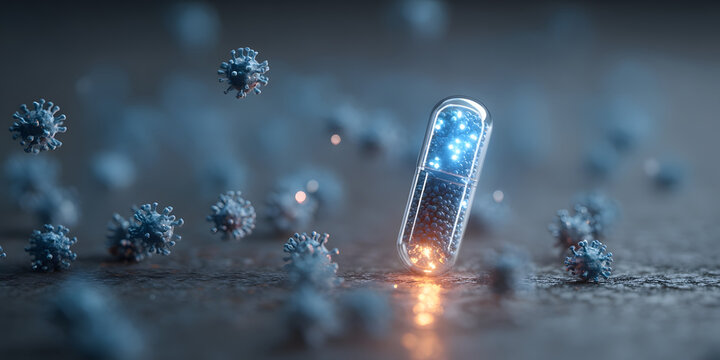 Medical capsule with glowing particles and virus particles around, concept of medicine or vaccine.