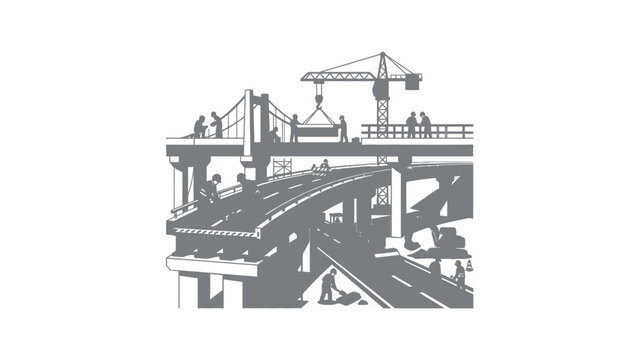 Bridge Construction Site with Workers and Crane