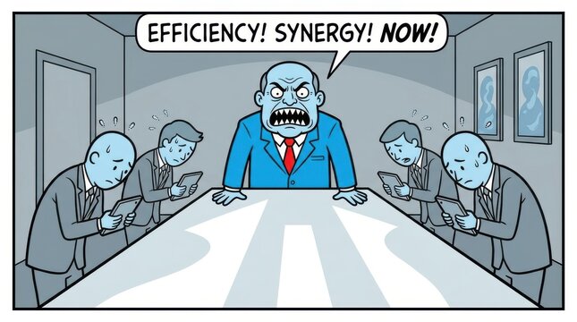 Angry boss yelling at stressed employees during a business strategy meeting, demanding efficiency and synergy now.