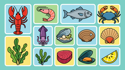 Fototapeta premium Set of colorful seafood and aquatic life icons including fish shellfish and seaweed.